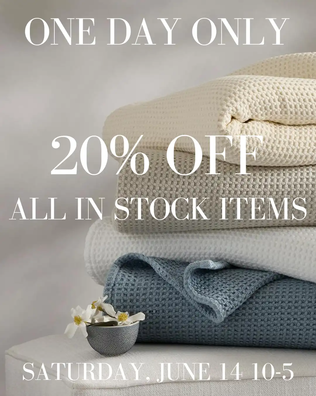 ONE DAY ONLY. 🗓️

We’ve curated something special for everyone - but quantities are limited so don’t sleep on this sale.

Join us in the showroom Saturday, June 14th from 10am to 5pm for 20% OFF all in stock items. 

Enjoy special pricing on stock items including bedding, towels and even mattresses as well as archived finds and some hidden gems.