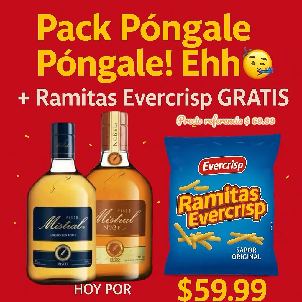 🎉 ¡OFERTA DE LOCURA! 🎉
Nuevo Pack “¡Póngale Póngale! Ehh 😏” pa’ que se arme el carrete como Dios manda 🇨🇱🔥

Incluye:
🥃 1 Pisco Mistral 35°
🥃 1 Pisco Mistral Nobel 40°
🥨 ¡+ Ramitas Evercrisp GRATIS! 230 grs 

💸 Precio referencial: $ 69.99
🚨 HOY SÓLO POR $59.99

¿Vas a dejar pasar esta joyita? 🫠
Disponible por tiempo limitado en 👉 www.dondelaquellevaytrae.com
🚚 Envíos a todo USA 🇺🇸 y más allá ✈️

Etiqueta a tu partner que pone la casa y… ¡Póngale! Póngaleee ehhh 🥳 @dondelaquellevaytrae