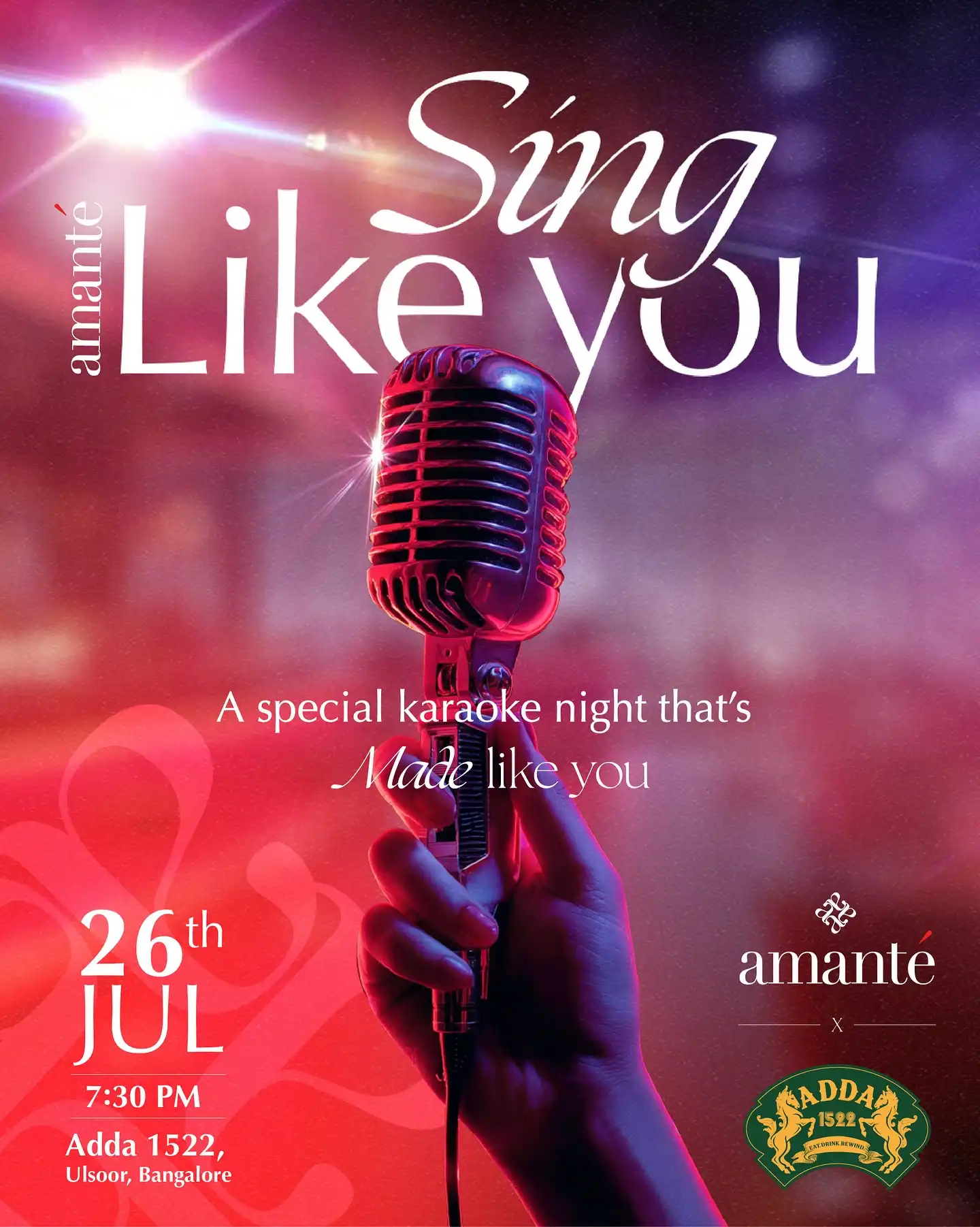 🎤 Bangalore, are you ready to hit the high notes?
This Saturday, it’s your stage. Your vibe. Your version of Made Like You.
Join us for a night of karaoke filled with candid moments and exciting goodies. ✨

🗓️ 26th July | 🕢 7:30 PM onwards
📍 Adda 1522, Ulsoor
Presented by amanté 💗

[Sing Like You, Made Like You, Amanté Nights, Weekend plans, Karaoke night, Women in Bengaluru, Adda 1522]