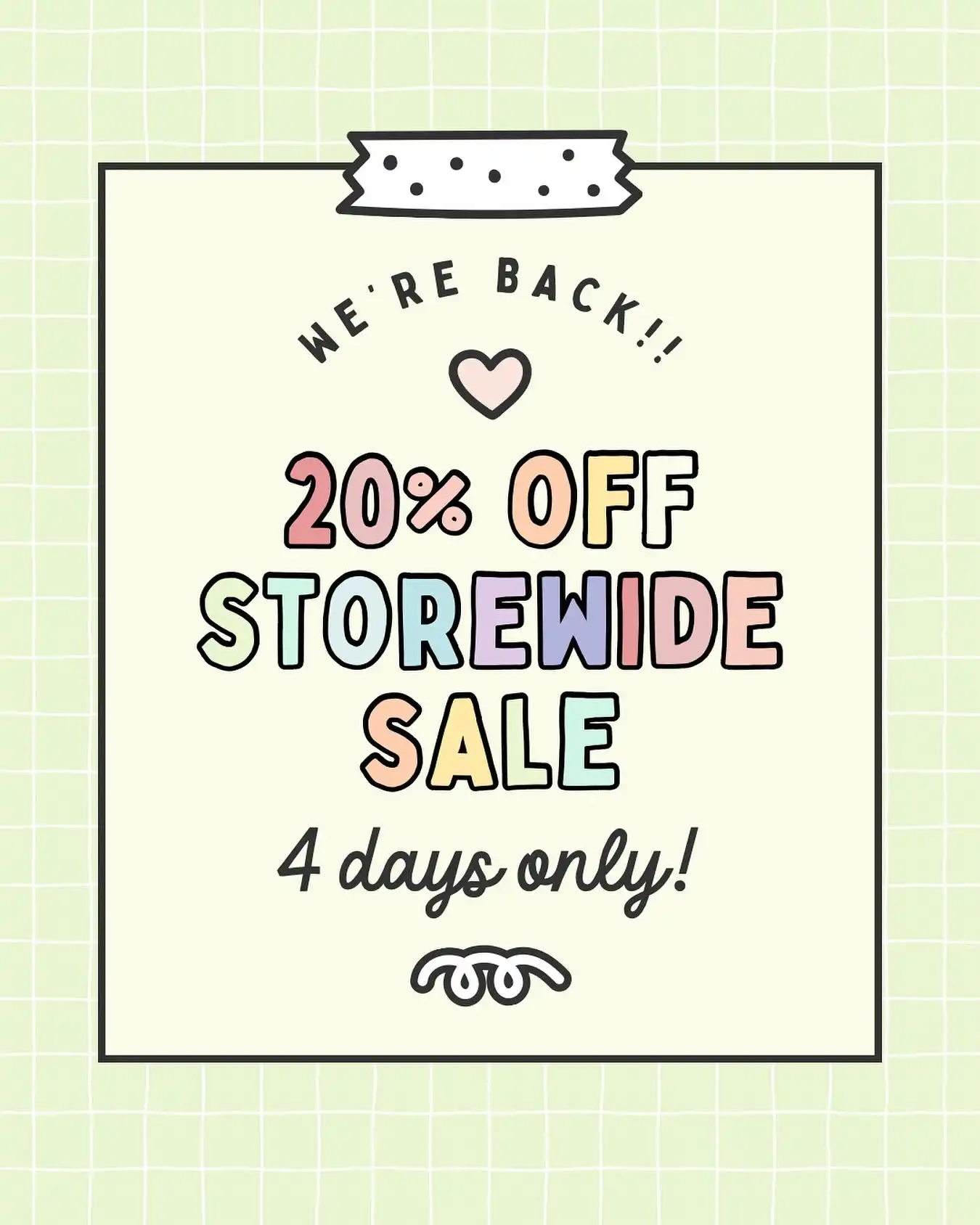 Hello, we’re back! 🎉
Enjoy 20% OFF storewide starting today!
Sale ends Monday, 6 Oct 2025.

🛍️ Shop now ➡️ shokakko.com.au

#shokakko_au #sale #stationery #stationeryshop #stationeryaddict #craft #bujo
