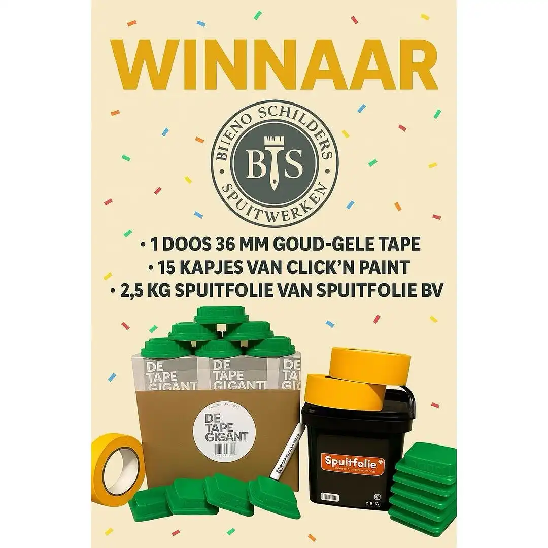 🎉 𝗪𝗜𝗡𝗡𝗔𝗔𝗥 𝗔𝗟𝗘𝗥𝗧!! 🎉
@schilderbedrijfbueno heeft onze mooie winactie gewonnen! 🏆

Ze gingen ervandoor met een goedgevulde prijzenpot:
🟡 1 doos 36mm goud-gele tape van @detapegigant 
🟢 15 kapjes van @click_npaint 
🖤 2,5 kg Spuitfolie van @spuitfoliebv 

Gefeliciteerd Bueno – jullie hebben gewonnen!
Wil jij volgende maand ook kans maken op zo’n knalprijs?
Doe mee en wie weet verschijn jij hier als volgende winnaar! 💪

#detapegigant #giveaway #winactie #clicknpaint #spuitfolie #tape #winnen #schilderstape #zomer #spuiten #airless #afplakken #winnen #schilder #sprayer