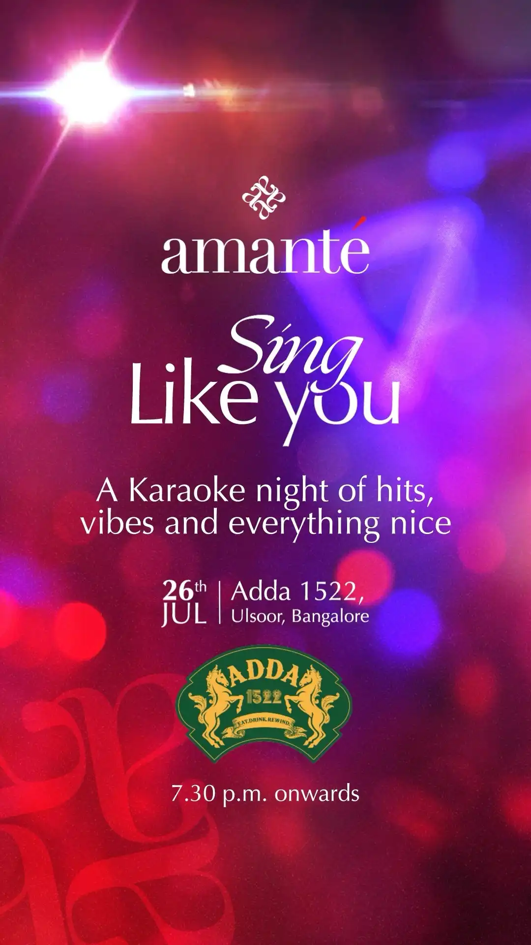 Ladies, the stage is set to Sing Like You. All you have to do is own the mic, belt those hits — and yes, there are exciting goodies waiting to be won! 🎁

Don’t miss out on BLR’s hottest karaoke night. We’ll see you there 🤩

📍 Adda 1522, Ulsoor
🕢 26th July | 7:30 PM onwards

[Sing Like You, Karaoke, Bangalore, amanté India, Adda1522]
