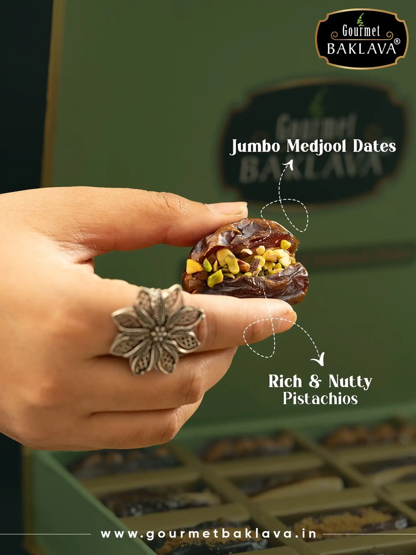 Discover the exquisite union of opulent taste and wholesome goodness. Our Jumbo Medjool Dates, generously filled with rich, nutty pistachios, offer a truly gourmet experience. A delightful symphony of textures and flavors, handcrafted for your ultimate pleasure. Elevate your moments with @gourmetbaklava 

Searching for #BestBaklavaInIndia or delightful #MediterraneanSweets? Your quest ends here!

Order from website www.gourmetbaklava.in 
Across India delivery 
Sattvik Certified

+91 8121028032 - Order Via Whatsapp

Order now on Swiggy and Zomato (Hyderabad)! 

You can also find us at:
✈️ RGIA (Hyderabad Airport)
✈️ Mumbai Airport
🛍️ Sarath City Capital Mall, Hyderabad

Don’t miss out on our latest delights, #Follow @gourmetbaklava

[gourmet dessert, Mediterranean dessert, medjoul date, dates, sweet tooth, healthy dates, mindful eating, medjoul dates, medjoul, stuffed dates, pista dates, chocolate dates, chocolate gift]

#GourmetBaklava #MedjoolDates #PistachioStuffedDates #LuxurySweets #HealthyIndulgence #ArtisanDesserts #PremiumDates #TasteOfElegance #GourmetTreats #SweetDelights